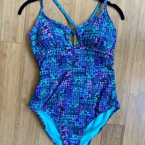 NWT Leilani One Piece High Leg Swimsuit 10 Mod Dots Aqua Pink Teal